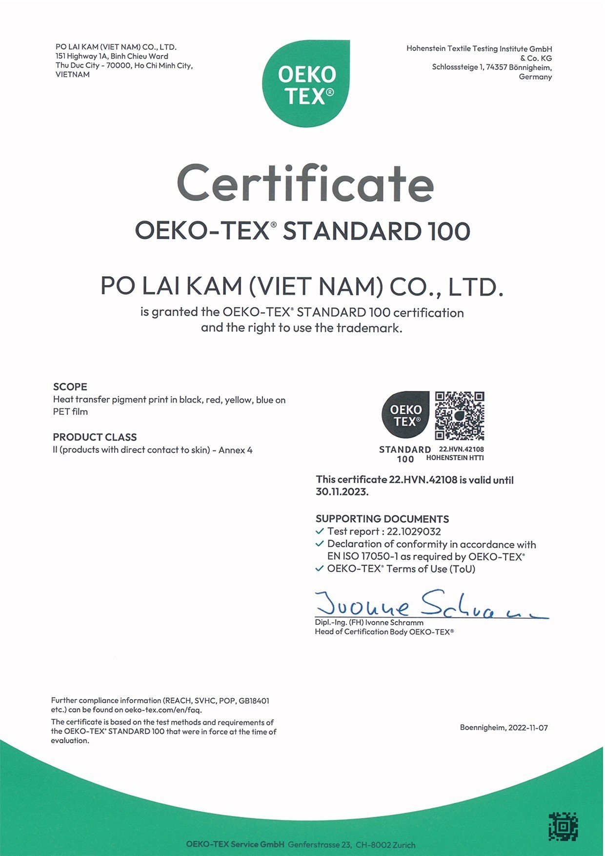 Chứng chỉ Oeke-tex standard 100
